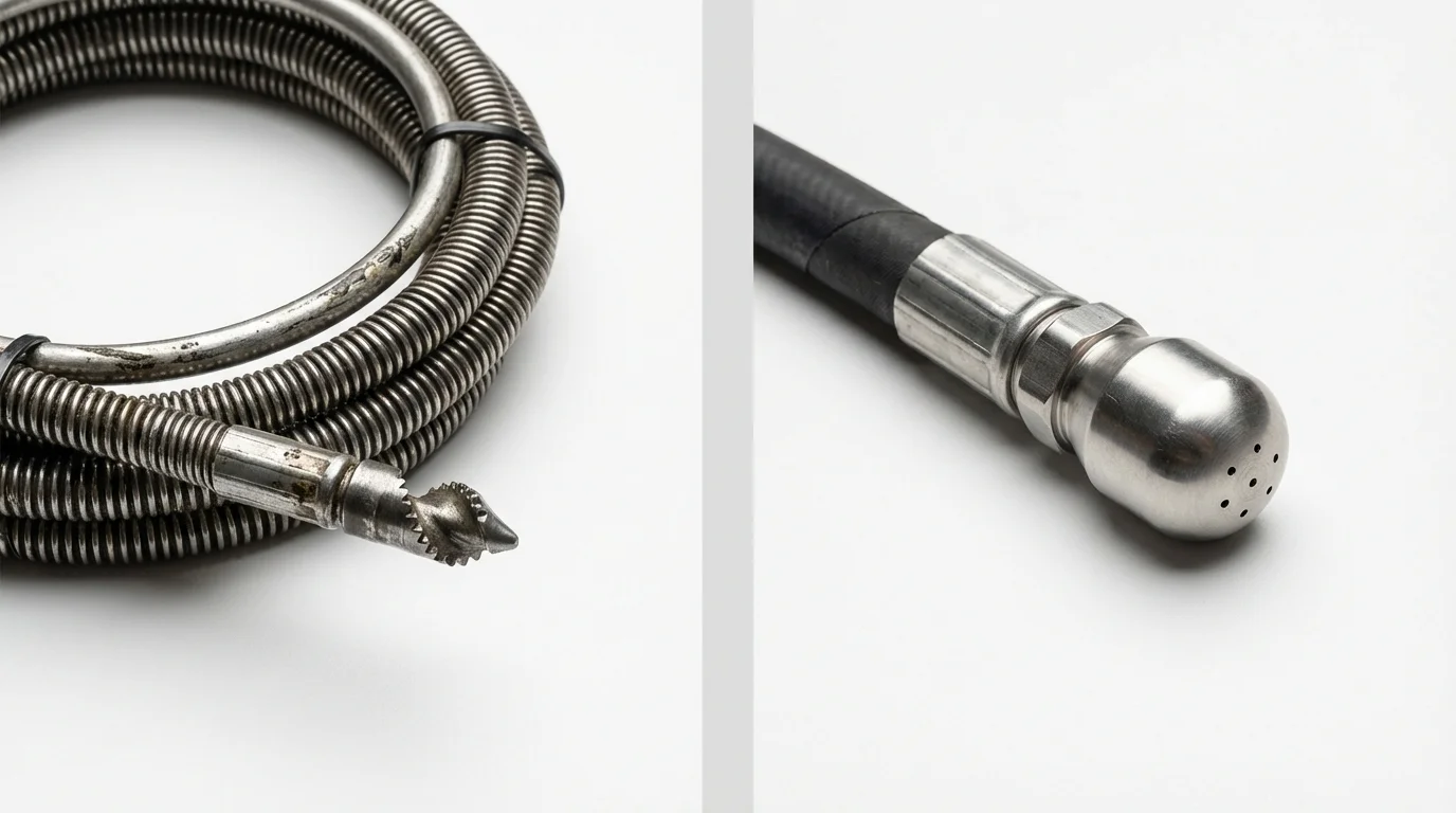 Drain snake cable and hydro jetting nozzle used for drain cleaning in Owings, MD