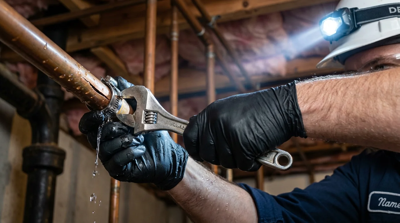Emergency pipe clamp repair being performed by a Johns Plumbing LLC plumber in Owings