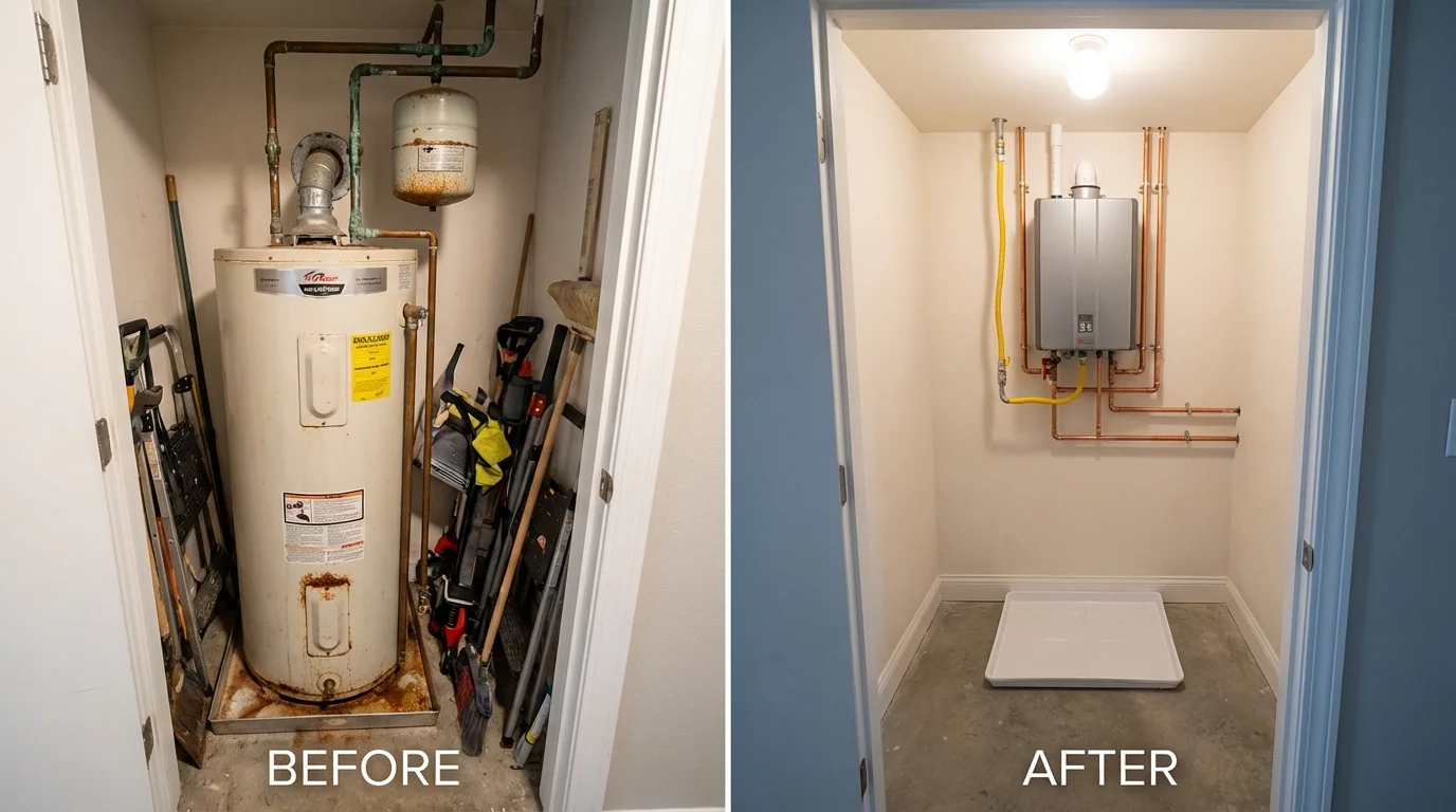 Tank water heater versus wall-mounted tankless unit comparison for Owings, MD homeowners