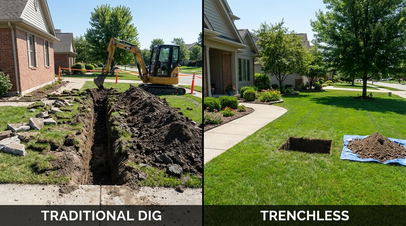 Trenchless sewer repair with minimal yard damage versus traditional excavation in Owings, MD