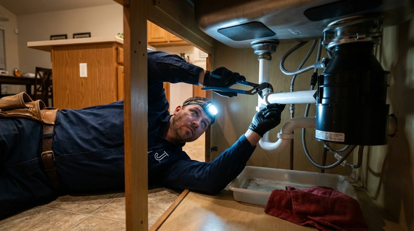 P-trap and supply line connections under a kitchen sink showing a common leak point in Owings, MD